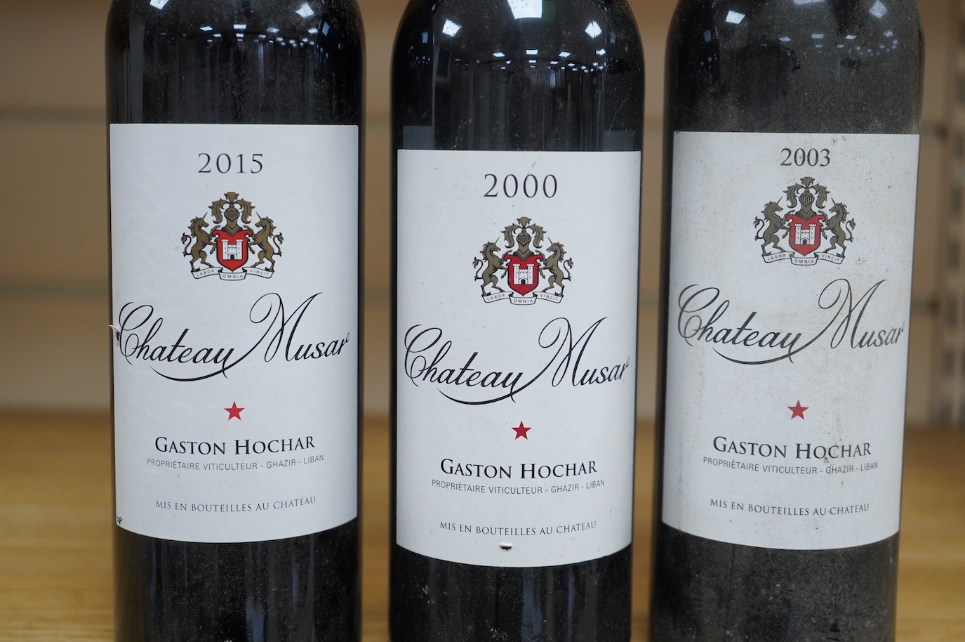 Three bottles of Chateau Musar; 2000, 2003 and 2015. Condition - good